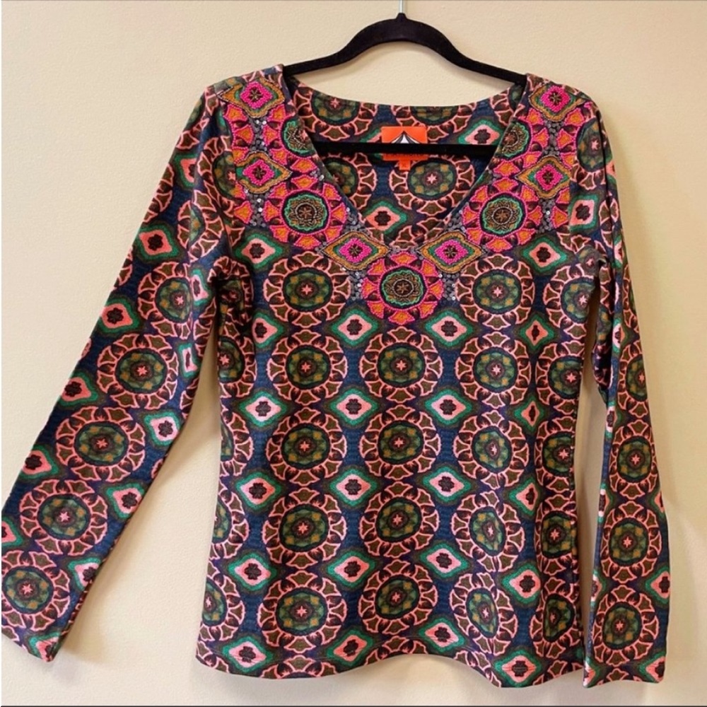 Anthropologie | Pia Pauro Beaded Tile Print Cotton Knit Top, Sz M*♥ NWOT